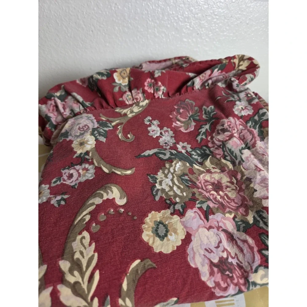 Vtg Ralph Lauren Marseilles Danielle Queen Red Floral Ruffled Flat Sheet